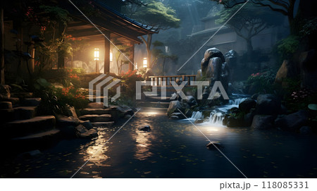 Ancient Oriental Far Eastern Scenery at Night AI Artwork 118085331