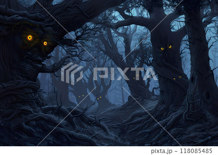 dark eerie forest with twisted trees and glowing eyes lurking in the shadows at night 118085485