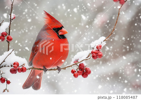 red cardinal perched on berry laden branches during a winter snowfall in its natural habitat. 118085487