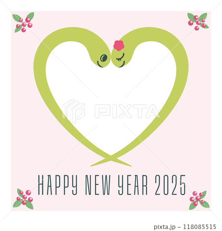 2025年巳年 男女の蛇でできたハート型のフォトフレーム年賀カード 正方形 2025年巳年 男女の蛇でできたハート型のフォトフレーム年賀カード 正方形 118085515