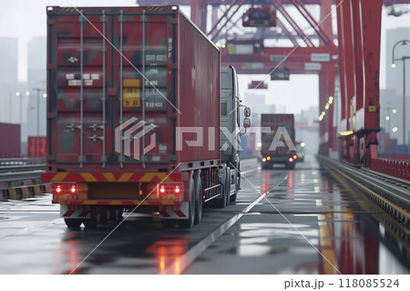 コンテナターミナルでコンテナを運ぶセミトレーラー コンテナターミナルでコンテナを運ぶセミトレーラー 118085524