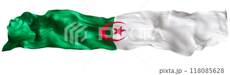 Stylized flag of Algeria, waving in the wind, isolated on white background. Footer, header or divider. Cut out wide, panoramic element. Banner for patriotic themes or national event promotions. 3D. 118085628