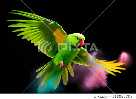 Flying green parrot Alexandrine parakeet with colored powder clouds. Isolated on black background 118085708