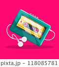 Retro audio cassette player with headphones on pink background, vector 118085781