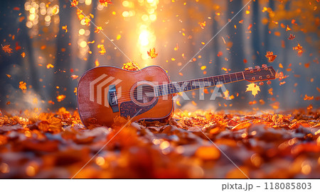 The Acoustic guitar on the garden in autumn season with maple tree and forest background 118085803