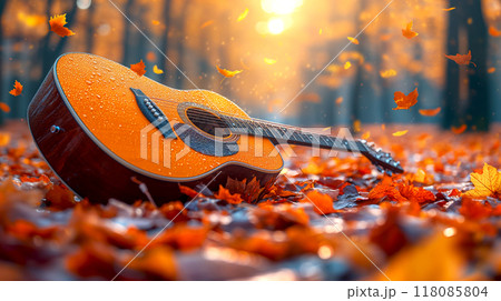 The Acoustic guitar on the garden in autumn season with maple tree and forest background 118085804
