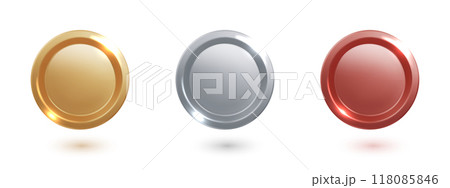 Award medal set isolated. Realistic golden, silver, bronze blank medals. 3d realistic round frames medal or coin, winner emblem. 118085846