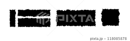 Torn black paper pieces set. Grunge jagged rectangle design elements for sticker, collage, banner. Ripped shapes silhouettes isolated. Torn black paper pieces set. Grunge jagged rectangle design elements for sticker, collage, banner. Ripped shapes silhouettes isolated. 118085878