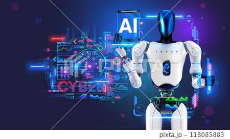 AI or artificial intelligence control mechanical humanoid anthropomorphic robot. Artificial neural network learning control robotic body. Robot with HUD interface of setting AI. Futuristic AI robot. AI or artificial intelligence control mechanical humanoid anthropomorphic robot. Artificial neural network learning control robotic body. Robot with HUD interface of setting AI. Futuristic AI robot. 118085883