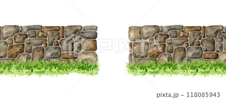 Stone wall surface with entry in the middle, green grass decor. Watercolor illustration. Fence from various stones with entrance. Outside landscape surface border. Rocky wall element isolated 118085943