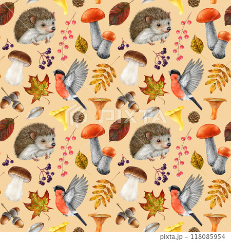 Autumn forest nature elements seamless pattern. Watercolor illustration. Hand drawn hedgehog, bullfinch, fallen leaves and forest mushroom on warm color background. Fall season mood seamless pattern 118085954