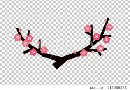 梅の木のイラスト素材セット、梅の花と大きな枝のパーツ＿シルエット＿ピンク 118086388