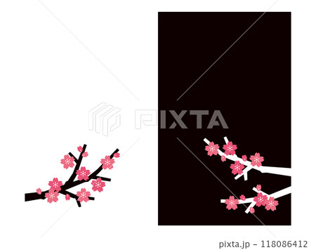 シンプルな桜の花と枝のイラスト素材＿白黒の背景＿シルエット 118086412