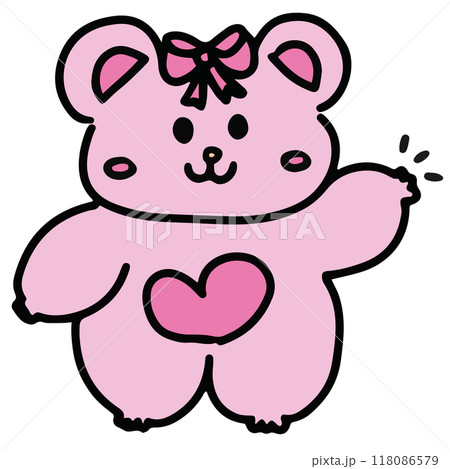 Hand drawn pink teddy bear for animal, zoo, souvenir shop, stickers, cartoon character, comic, mascot, plush toy, kid doll, cute patches, shirt print, brooch, bear body shape, decoration, icon 118086579