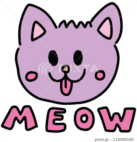 Hand drawn happy cat with MEOW letters for animal, adopt and rescue pet, pet shop, vet, stickers, cartoon character, comic, mascot, plush toy, kitten doll, patches, shirt print, brooch, cute element 118086580
