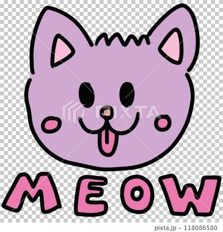 Hand drawn happy cat with MEOW letters for animal, adopt and rescue pet, pet shop, vet, stickers, cartoon character, comic, mascot, plush toy, kitten doll, patches, shirt print, brooch, cute element 118086580