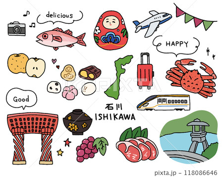 石川の手描きイラストセット 118086646