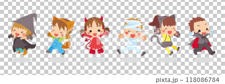 可愛的孩子們穿著萬聖節服裝變異向量跳躍的插圖集 118086784