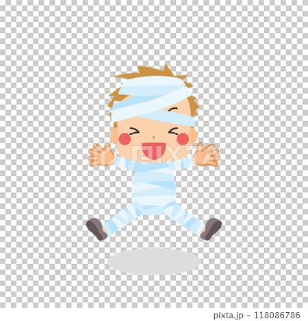 一個可愛的男孩扮演木乃伊男人並在萬聖節跳躍的插圖，向量，白色背景 118086786