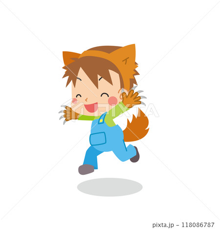 ハロウィンで狼男のコスプレをしてジャンプする可愛い男の子のイラスト ベクター 白背景 ハロウィンで狼男のコスプレをしてジャンプする可愛い男の子のイラスト ベクター 白背景 118086787