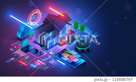 Smart home controlled phone or smart speaker. Smart home technology of house automation system. House standing around phone, smart speaker, wireless connections devices. IOT. AI home voice control. 118086797