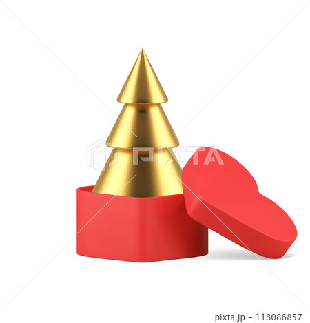 Golden Christmas tree in red gift box heart shape luxury decor element 3d icon realistic vector Golden Christmas tree in red gift box heart shape luxury decor element 3d icon realistic vector 118086857