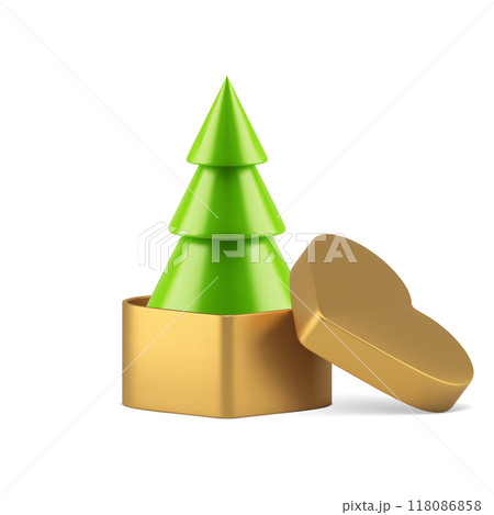 Green Christmas tree in open luxury package heart shape 3d icon realistic vector illustration Green Christmas tree in open luxury package heart shape 3d icon realistic vector illustration 118086858