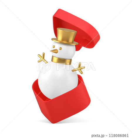 Snowman Christmas toy in flying red open gift box heart shape 3d icon realistic vector illustration 118086861
