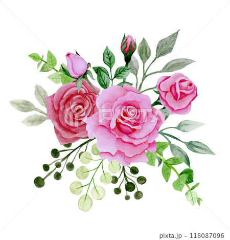 Isolated object-113. Bouquet of pink roses, watercolour illustration. Isolated object-113. Bouquet of pink roses, watercolour illustration. 118087096