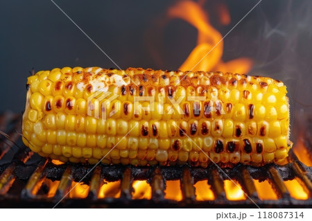 Perfectly grilled corn on the cob with charred kernels, topped with melting butter and a sprinkle of spice. 118087314