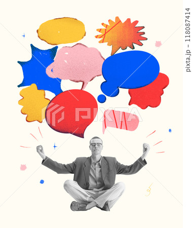 Young businessman sitting cross-legged in meditative pose, surrounded by colorful thought bubbles. Future dreams, brainstorming in relaxing way. Contemporary art collage. Young businessman sitting cross-legged in meditative pose, surrounded by colorful thought bubbles. Future dreams, brainstorming in relaxing way. Contemporary art collage. 118087414