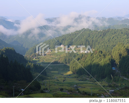 四谷千枚田、夏の朝の風景を空撮 四谷千枚田、夏の朝の風景を空撮 118087551
