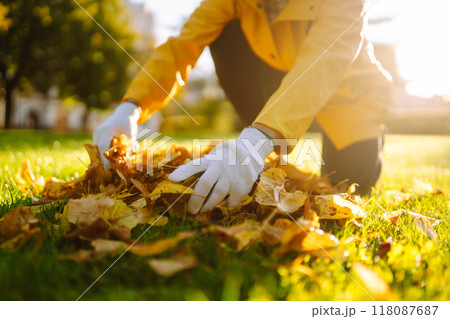 Human cleans the autumn park from yellow leaves. Volunteering, cleaning, and ecology concept. Human cleans the autumn park from yellow leaves. Volunteering, cleaning, and ecology concept. 118087687