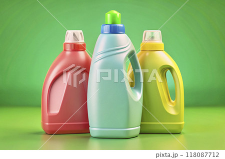 Plastic various bottles for detergents on green background 118087712