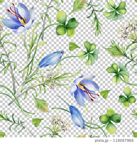 Clover, blue saffron and white labrador tea flowers watercolor seamless pattern isolated. Wildflowers and flying leaves hand drawn on botanical repeated background. Design textile with lucky symbol. Clover, blue saffron and white labrador tea flowers watercolor seamless pattern isolated. Wildflowers and flying leaves hand drawn on botanical repeated background. Design textile with lucky symbol. 118087968