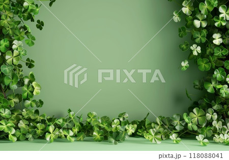 Clover border. Shamrock frame for irish st. patrick day. Celtic traditional banner. Holiday decoration with green leaf and foliage background. Floral nature cloverleaf pattern Clover border. Shamrock frame for irish st. patrick day. Celtic traditional banner. Holiday decoration with green leaf and foliage background. Floral nature cloverleaf pattern 118088041