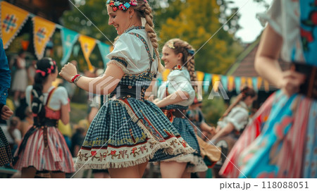 Dancing woman in octoberfest. Folk dance girl in german festival. Autumn germany holiday event. Traditional bavarian party. 118088051