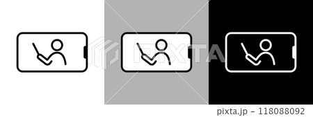 スマートフォンでオンライン授業を受けるイラスト。シンプルな線画のベクターアイコン。 スマートフォンでオンライン授業を受けるイラスト。シンプルな線画のベクターアイコン。 118088092