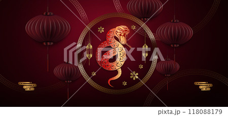 Happy Chinese new year 2025, round frame with snake, Asian elements in burgundy and gold 118088179