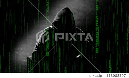 Anonymous man in a hood interview background, mysterious man sitting on a chair and talking. Anonymous hacker interview with no visible face, computer hacker conceptual background 118088397