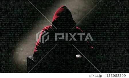 Anonymous man in a hood interview background, mysterious man sitting on a chair and talking. Anonymous hacker interview with no visible face, computer hacker conceptual background 118088399