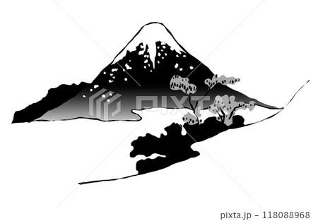白黒の富士山の墨絵＆浮世絵風の切り抜きイラスト 118088968
