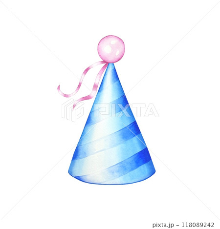 Hand drawn blue striped birthday hat. Watercolor illustration Hand drawn blue striped birthday hat. Watercolor illustration 118089242