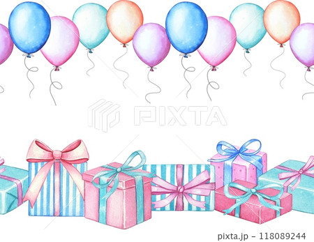 Seamless border with balloons and gift boxes. Watercolor illustration Seamless border with balloons and gift boxes. Watercolor illustration 118089244