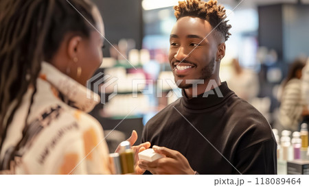 Smiling salesman showing beauty product to customer in store 118089464
