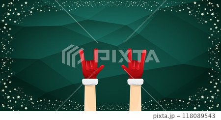 Merry christmas horizontal banner with Santa Claus rock n roll style and santa red hat isolated on green background with stars. Merry Christmas hipster Rock n roll party poster, flyer design template. Merry christmas horizontal banner with Santa Claus rock n roll style and santa red hat isolated on green background with stars. Merry Christmas hipster Rock n roll party poster, flyer design template. 118089543