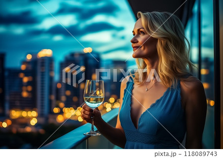 Elegant woman enjoying wine on balcony with cityscape view at dusk Elegant woman enjoying wine on balcony with cityscape view at dusk 118089743