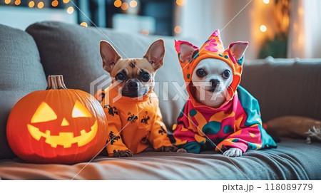 Two chihuahua dogs wearing costumes posing near halloween pumpkin on sofa Two chihuahua dogs wearing costumes posing near halloween pumpkin on sofa 118089779