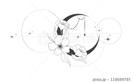 Elegant thin line moon flower contour tattoo, floral spiritual mystic element, Esoteric boho magic illustration, Line, leaves and dors decoration 118089785