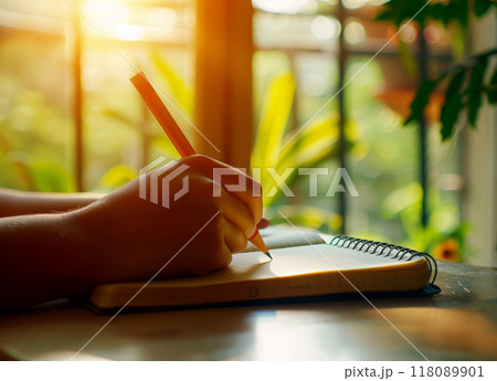 A woman writing on an open notebook holding the pencil on sun light flare, closeup of hands and paper in focus Generative AI 118089901